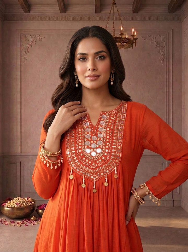 Burnt Orange Muslin Thread And Stone Embroidered Three Piece Set