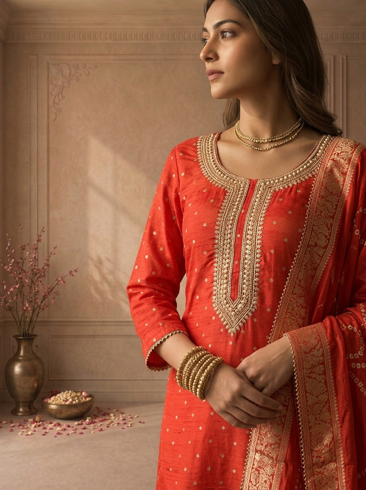 Red Crepe Gold Butti Printed Three Piece Set