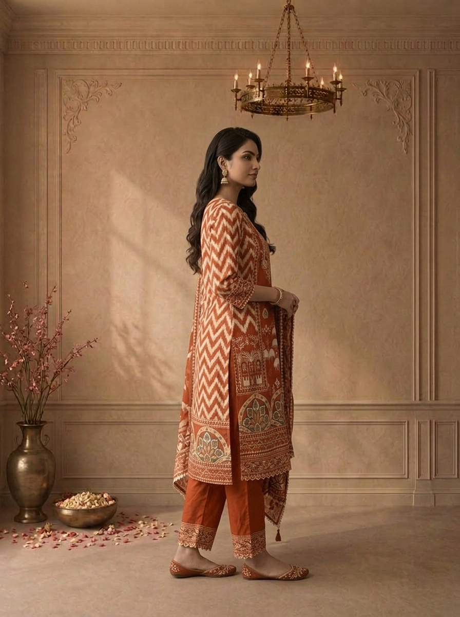 Burnt Orange Cotton Damask Floral Printed Three Piece Set
