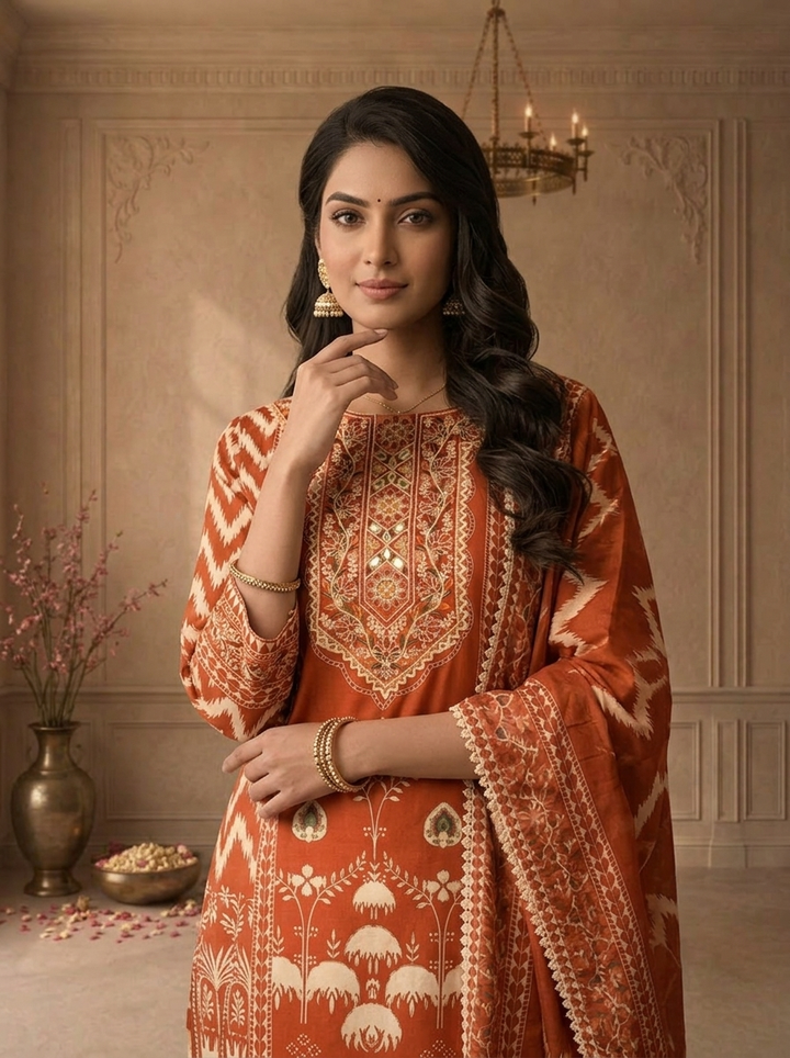 Burnt Orange Cotton Damask Floral Printed Three Piece Set