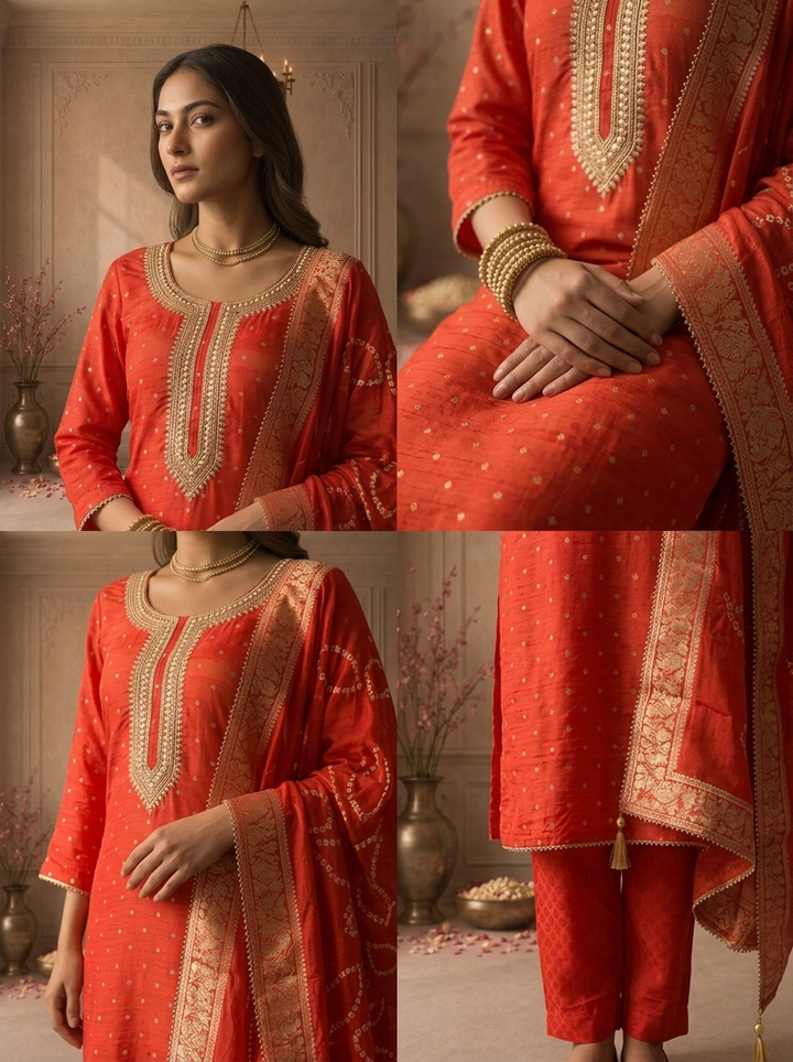 Red Crepe Gold Butti Printed Three Piece Set