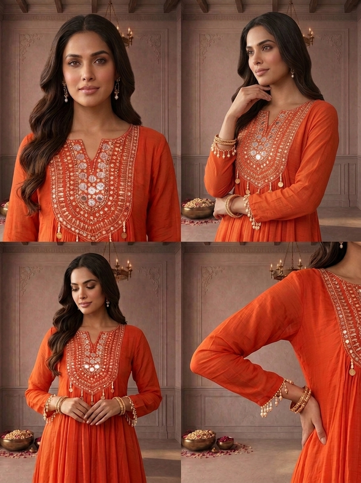 Burnt Orange Muslin Thread And Stone Embroidered Three Piece Set