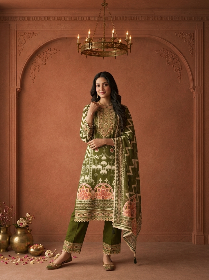 Olive Cotton Damask Floral Printed Three Piece Set