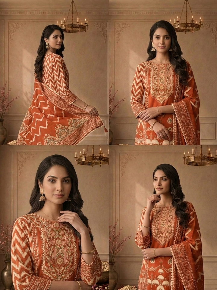 Burnt Orange Cotton Damask Floral Printed Three Piece Set