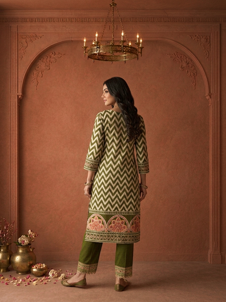 Olive Cotton Damask Floral Printed Three Piece Set