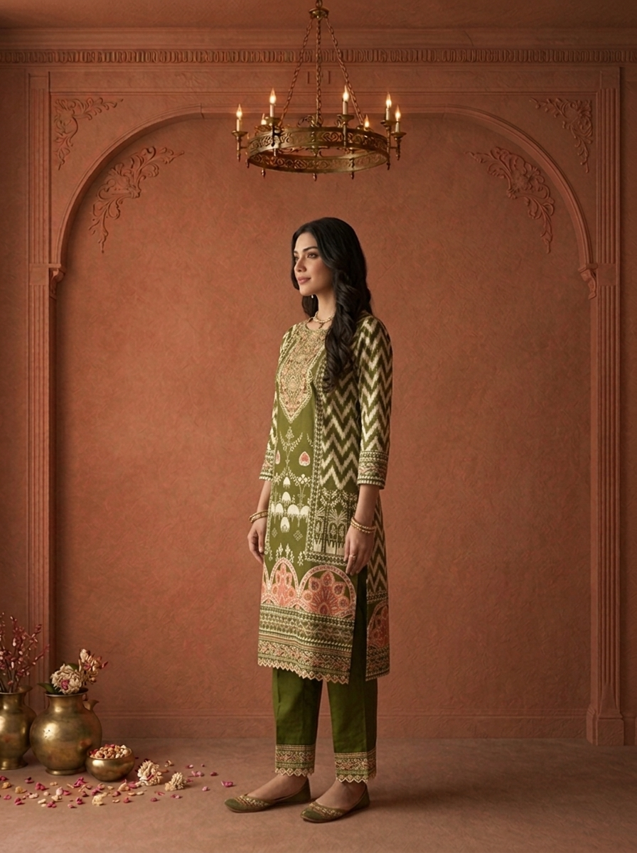 Olive Cotton Damask Floral Printed Three Piece Set