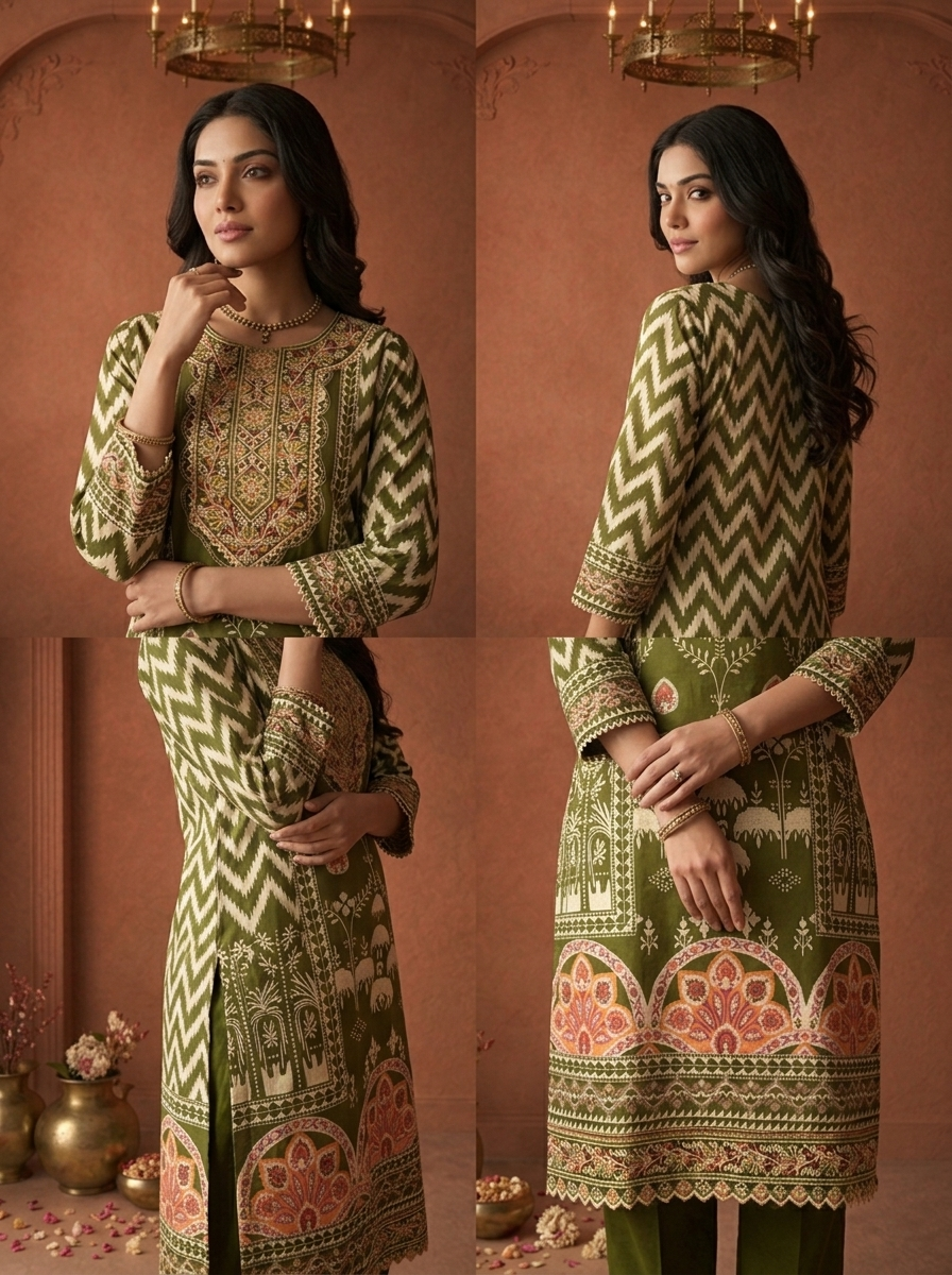 Olive Cotton Damask Floral Printed Three Piece Set