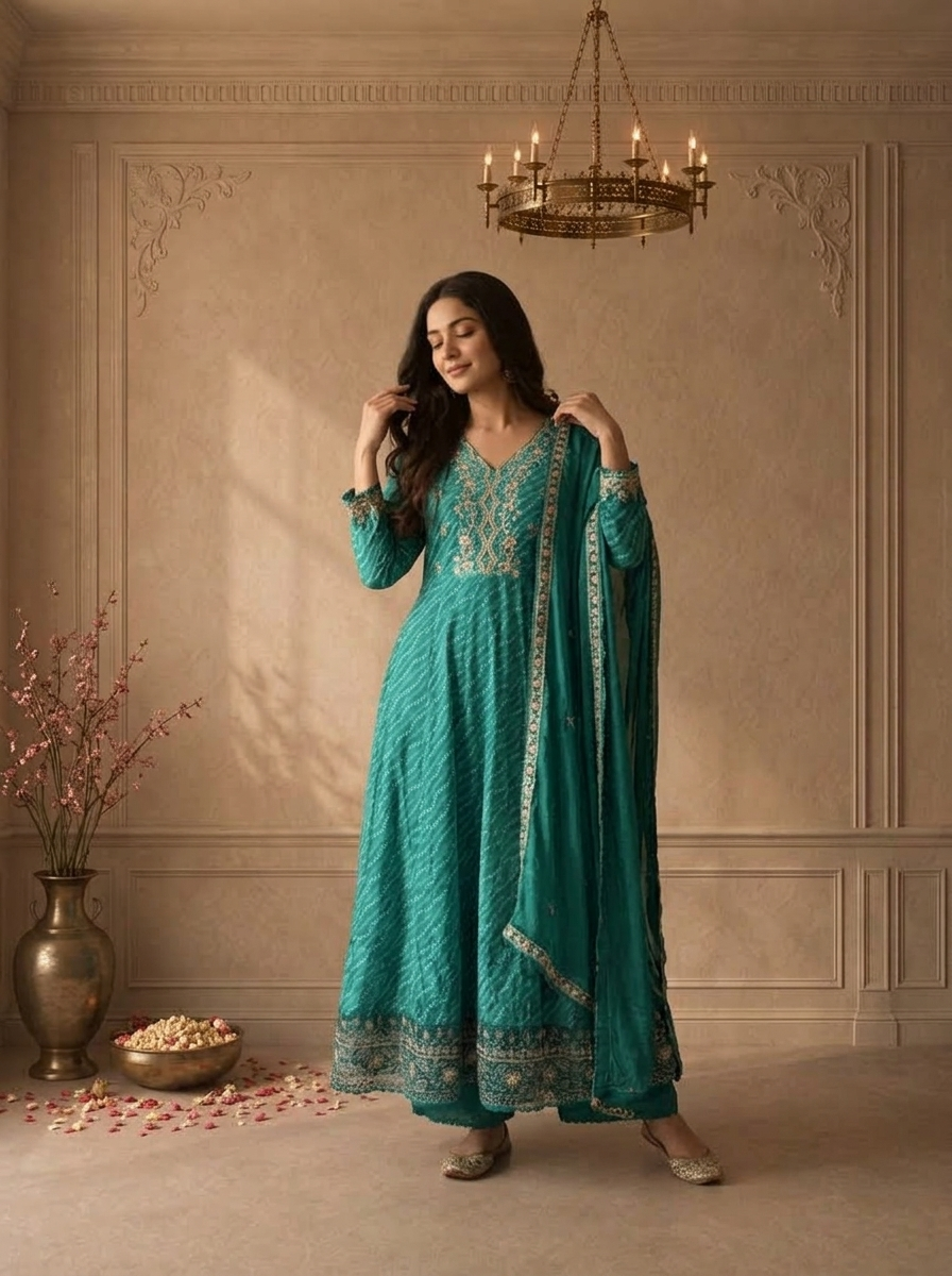 Rama Green Crepe Bandhani Leheriya Printed Three Piece Set