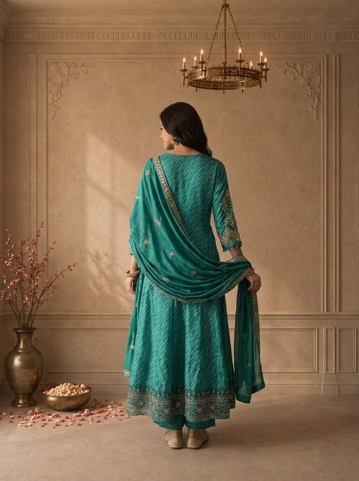 Rama Green Crepe Bandhani Leheriya Printed Three Piece Set