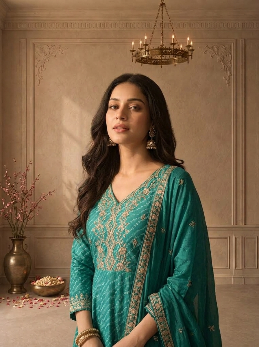 Rama Green Crepe Bandhani Leheriya Printed Three Piece Set