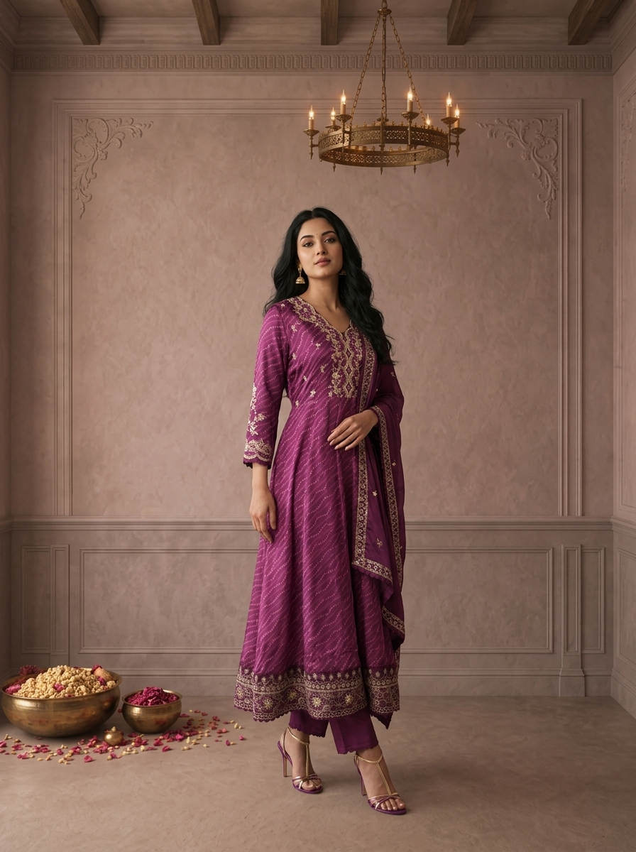 Purple Crepe Bandhani Leheriya Printed Three Piece Set