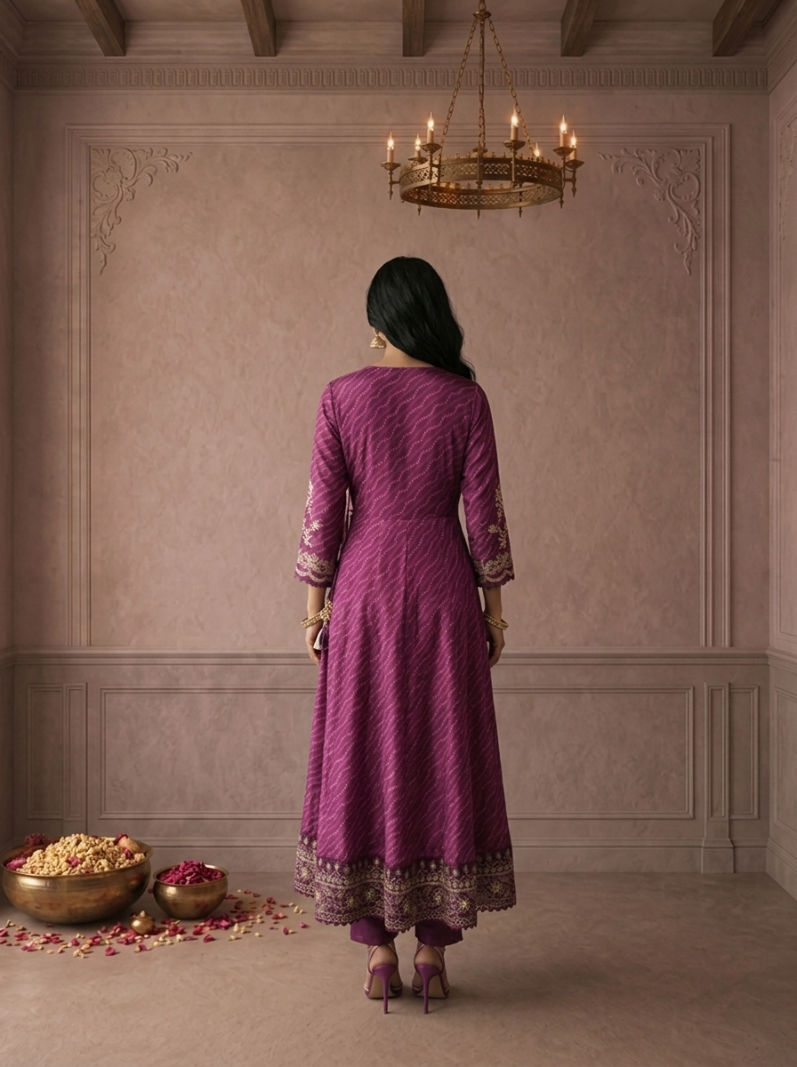 Purple Crepe Bandhani Leheriya Printed Three Piece Set
