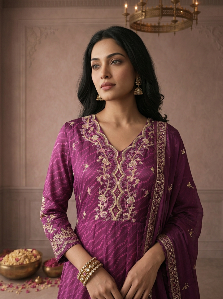 Purple Crepe Bandhani Leheriya Printed Three Piece Set