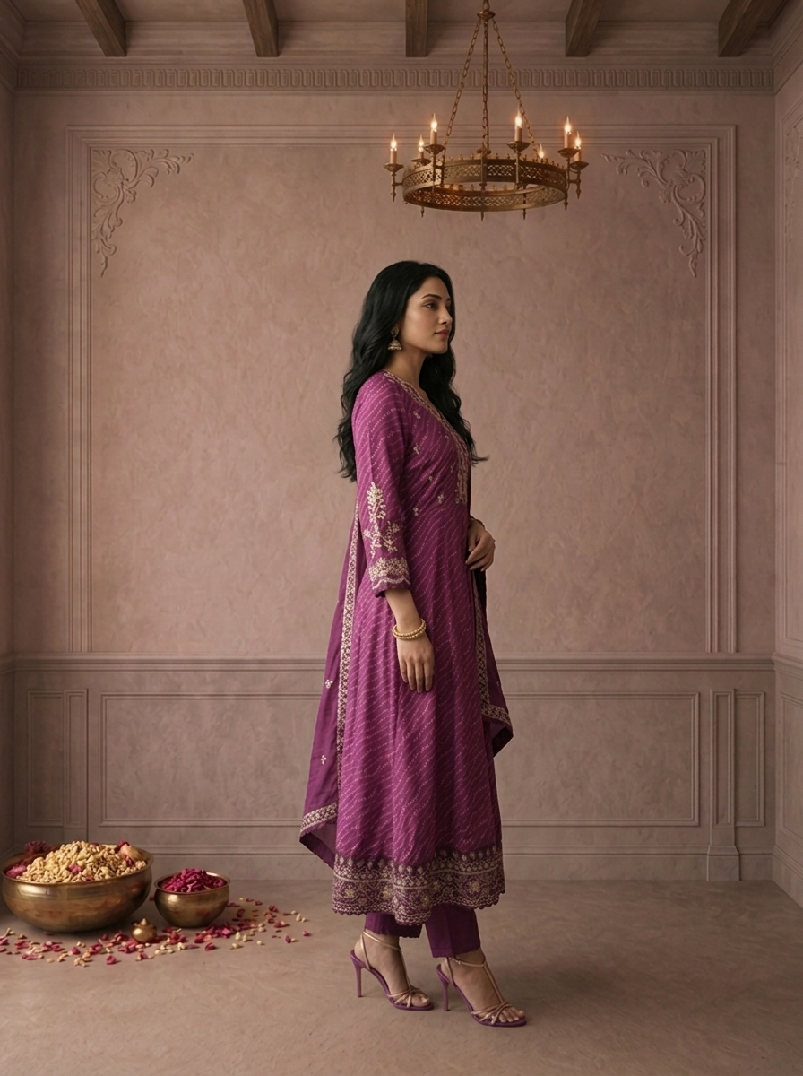 Purple Crepe Bandhani Leheriya Printed Three Piece Set