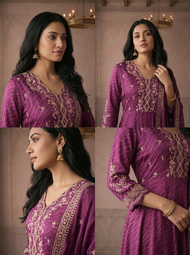 Purple Crepe Bandhani Leheriya Printed Three Piece Set