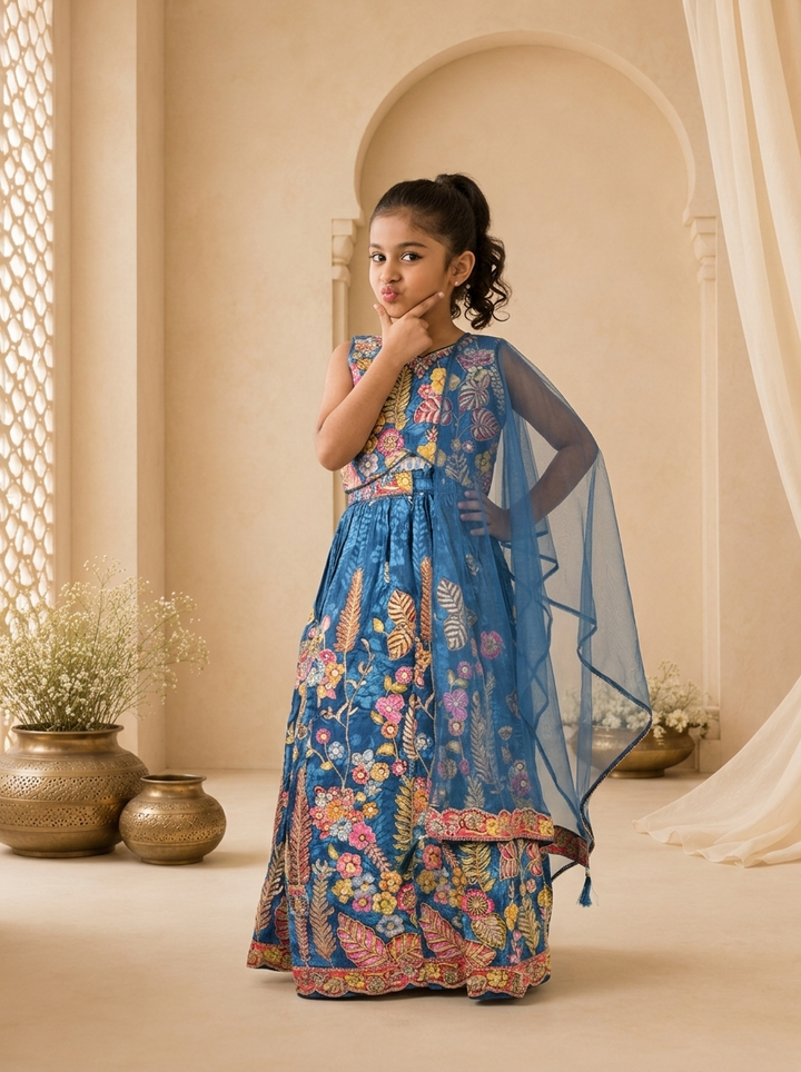 Blue Silk Multicolor Tropical Embroidered Ghagra Set