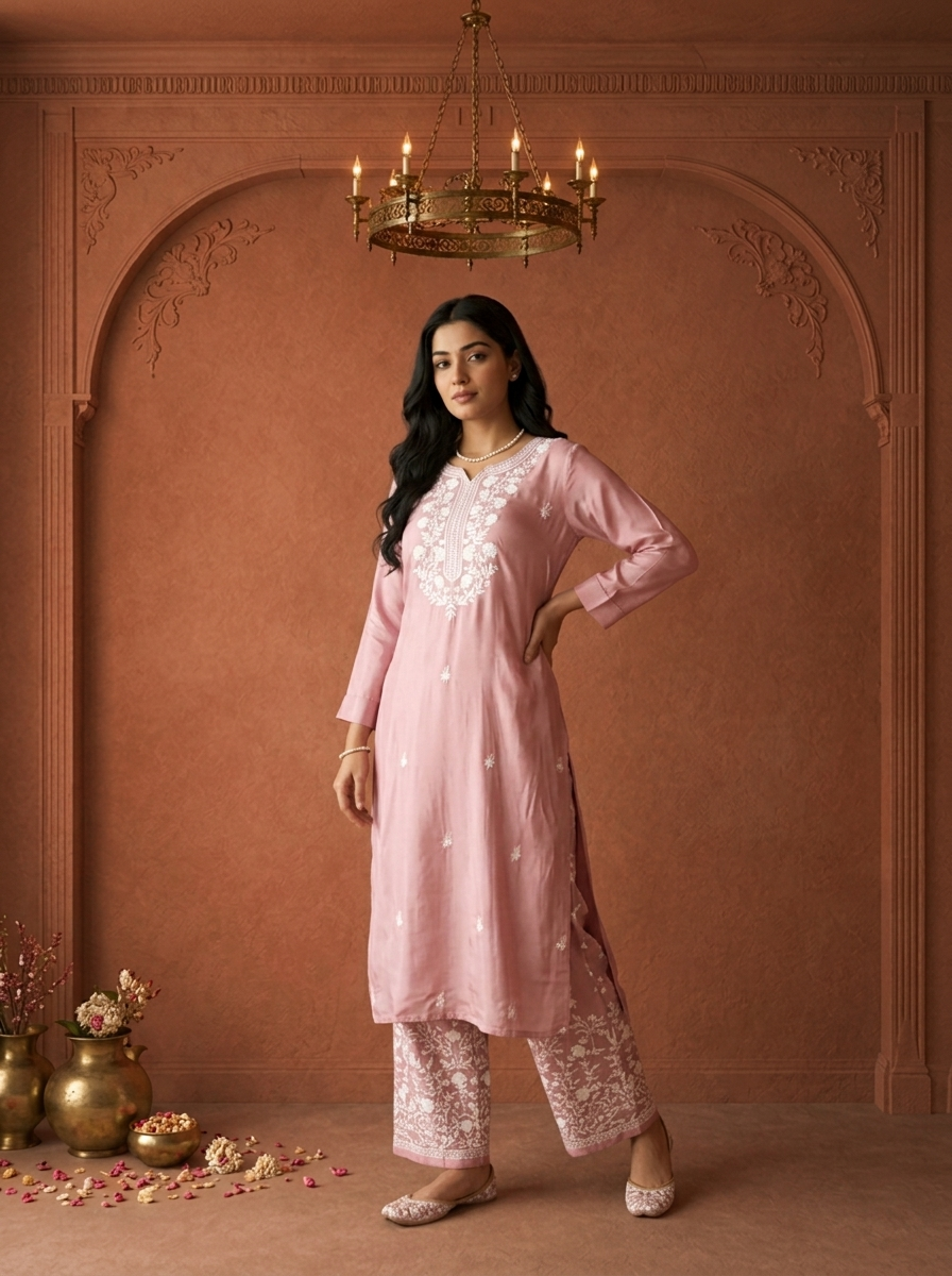 Lilac Muslin Floral Thread Embroidered Two Piece Set