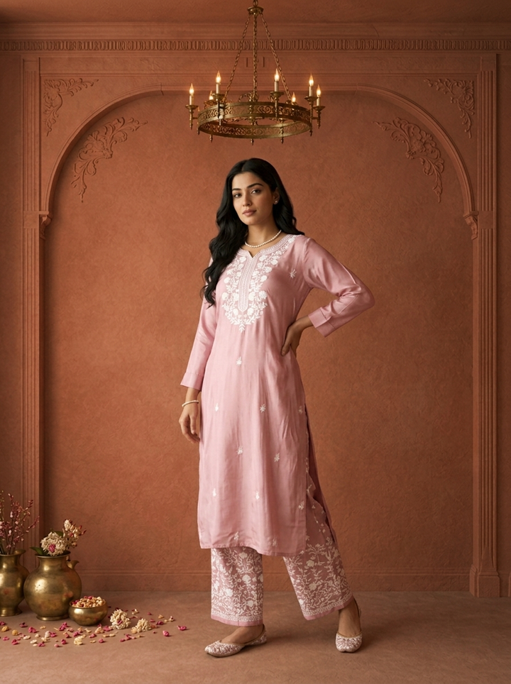 Lilac Muslin Floral Thread Embroidered Two Piece Set