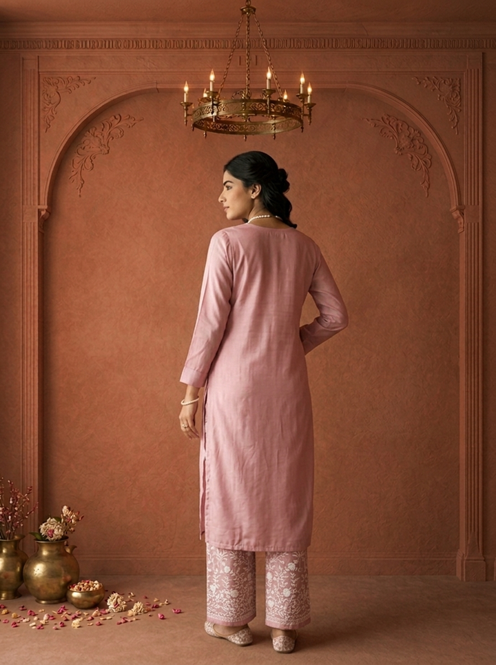 Lilac Muslin Floral Thread Embroidered Two Piece Set