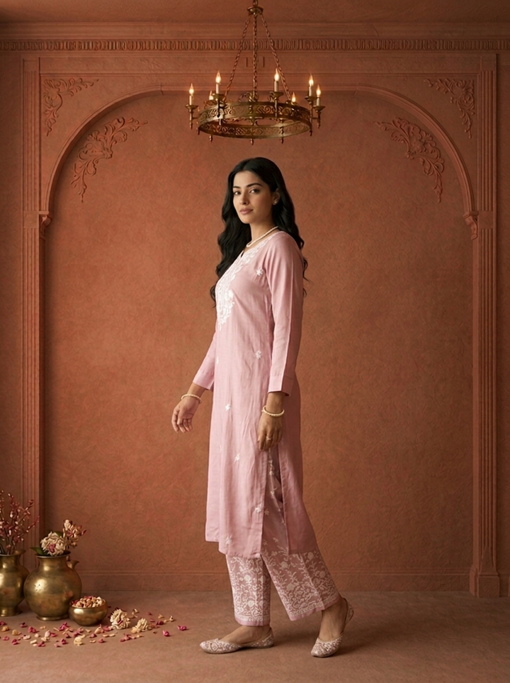 Lilac Muslin Floral Thread Embroidered Two Piece Set