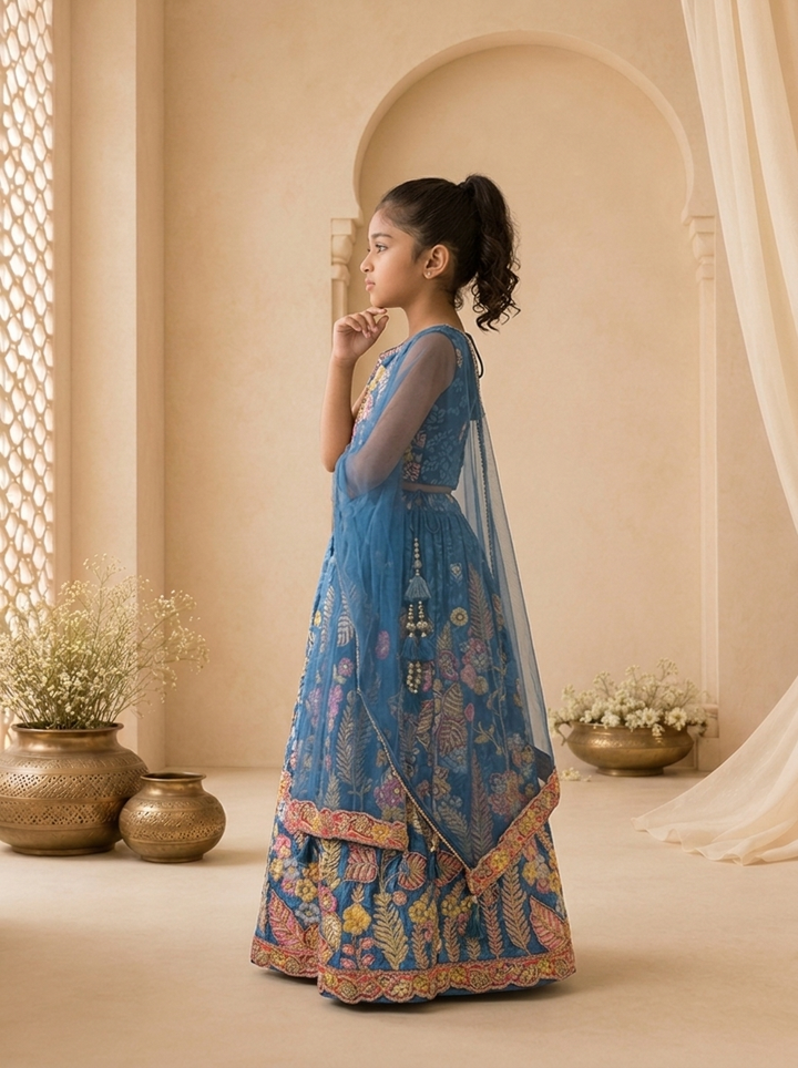 Blue Silk Multicolor Tropical Embroidered Ghagra Set