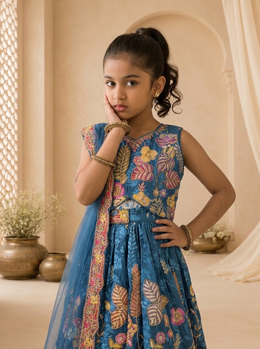 Blue Silk Multicolor Tropical Embroidered Ghagra Set