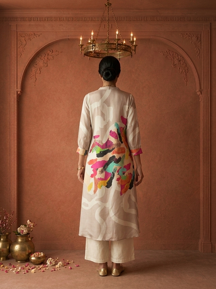 Off White Muslin Multicolor Abstract Brush Stroke Printed Kurta