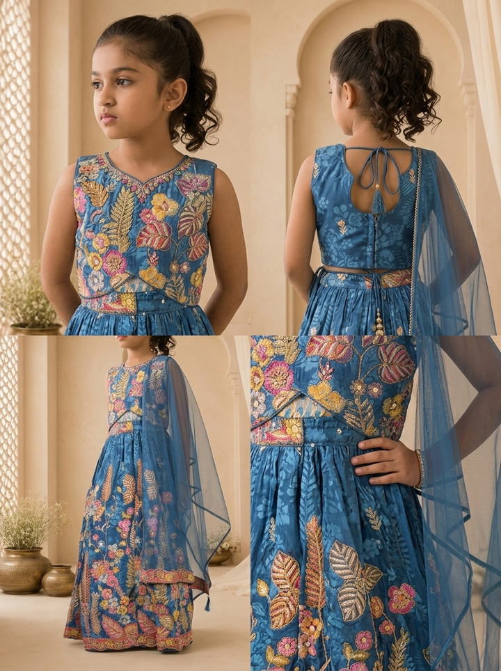 Blue Silk Multicolor Tropical Embroidered Ghagra Set