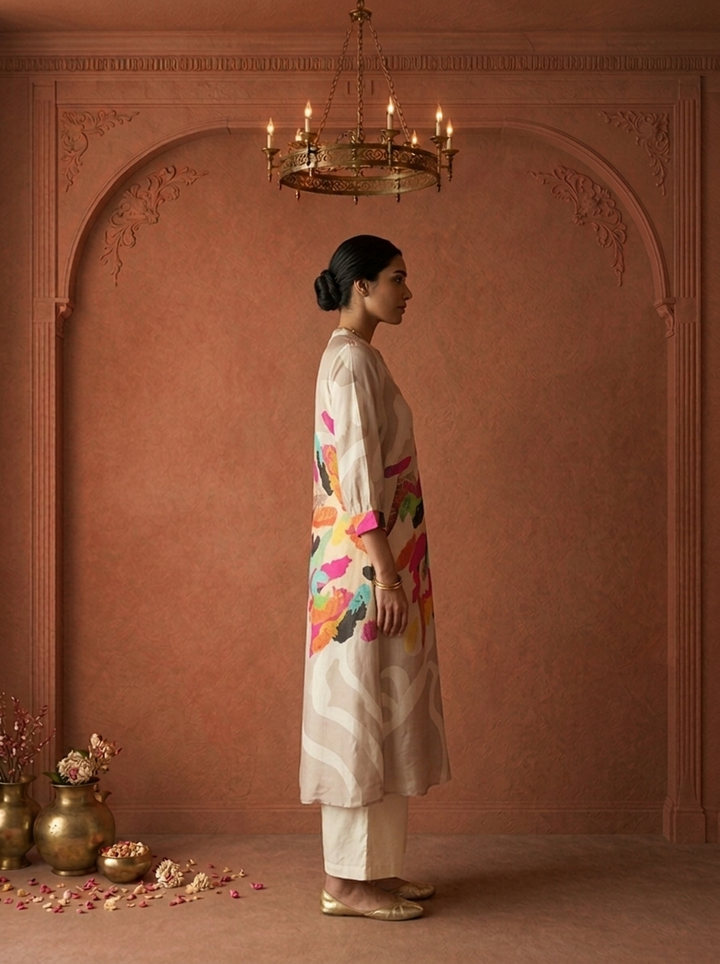 Off White Muslin Multicolor Abstract Brush Stroke Printed Kurta