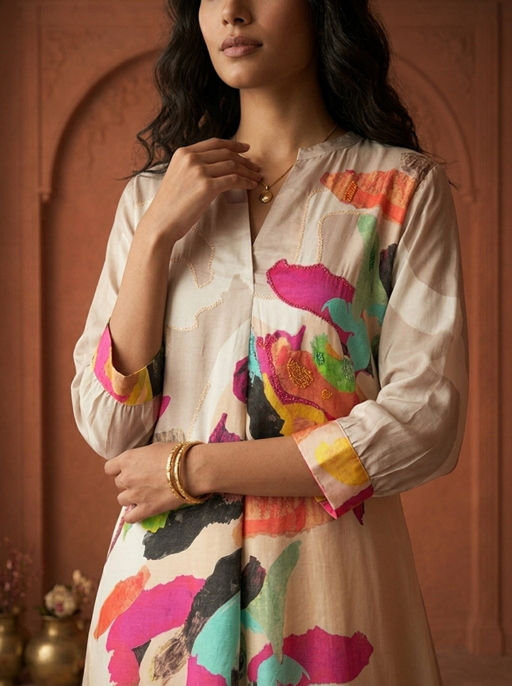 Off White Muslin Multicolor Abstract Brush Stroke Printed Kurta