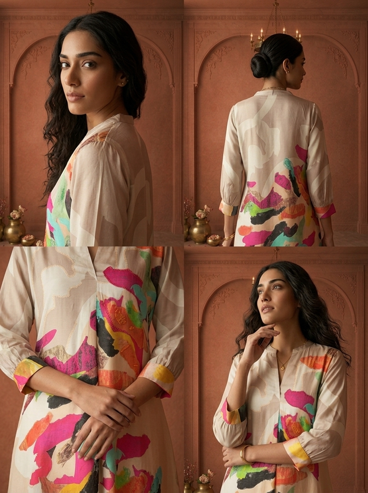 Off White Muslin Multicolor Abstract Brush Stroke Printed Kurta