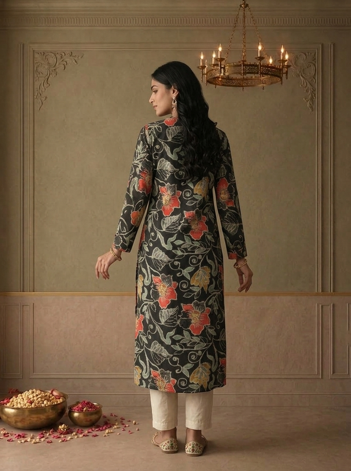 Black Silk Floral Batik Printed Kurta