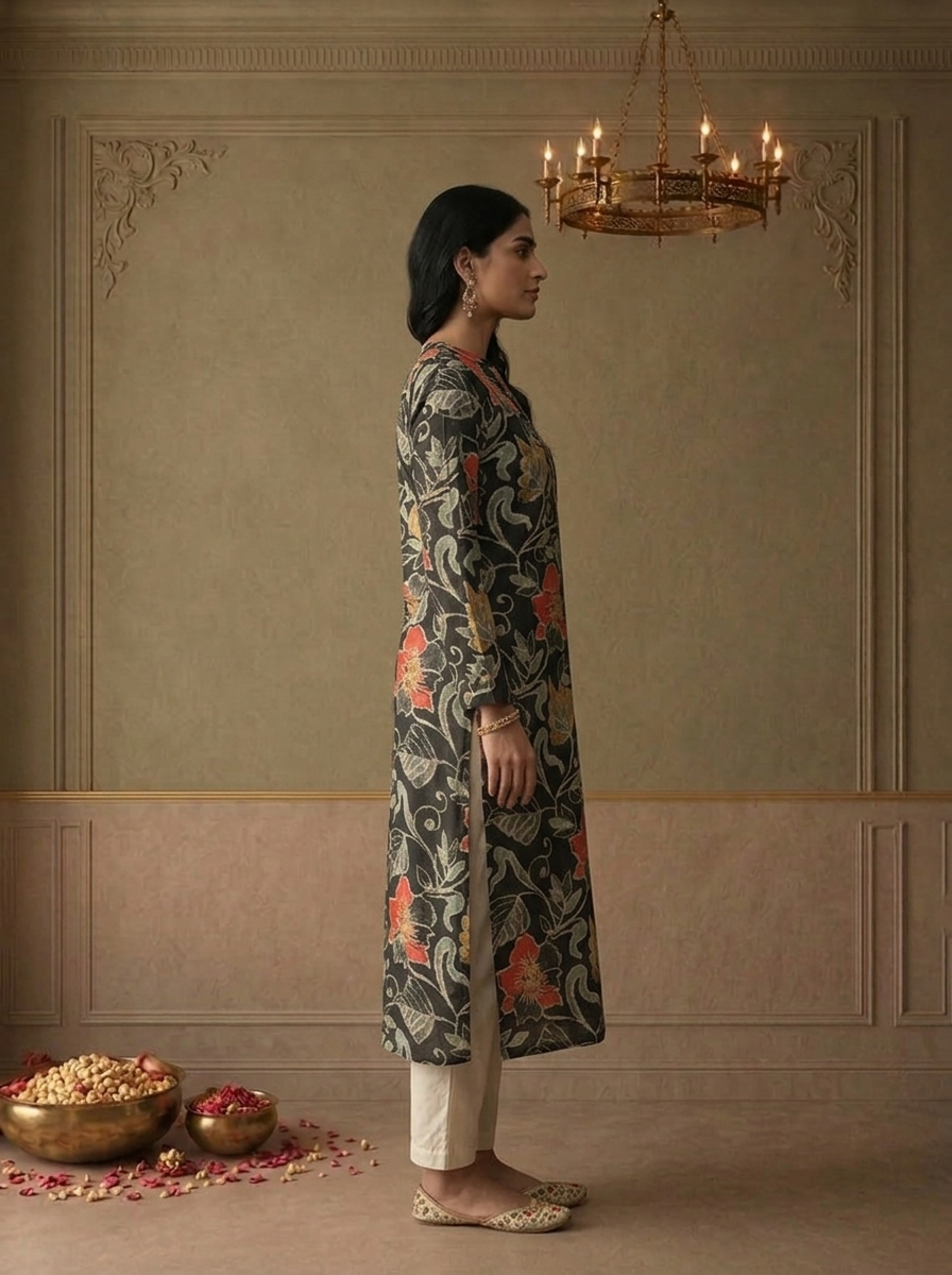 Black Silk Floral Batik Printed Kurta