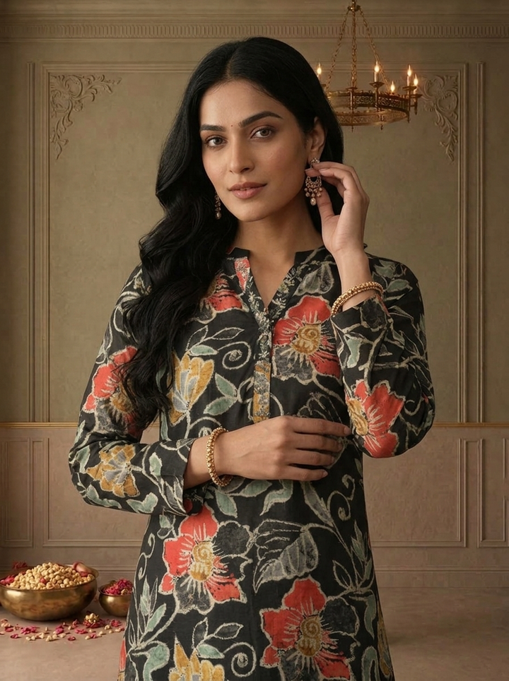 Black Silk Floral Batik Printed Kurta
