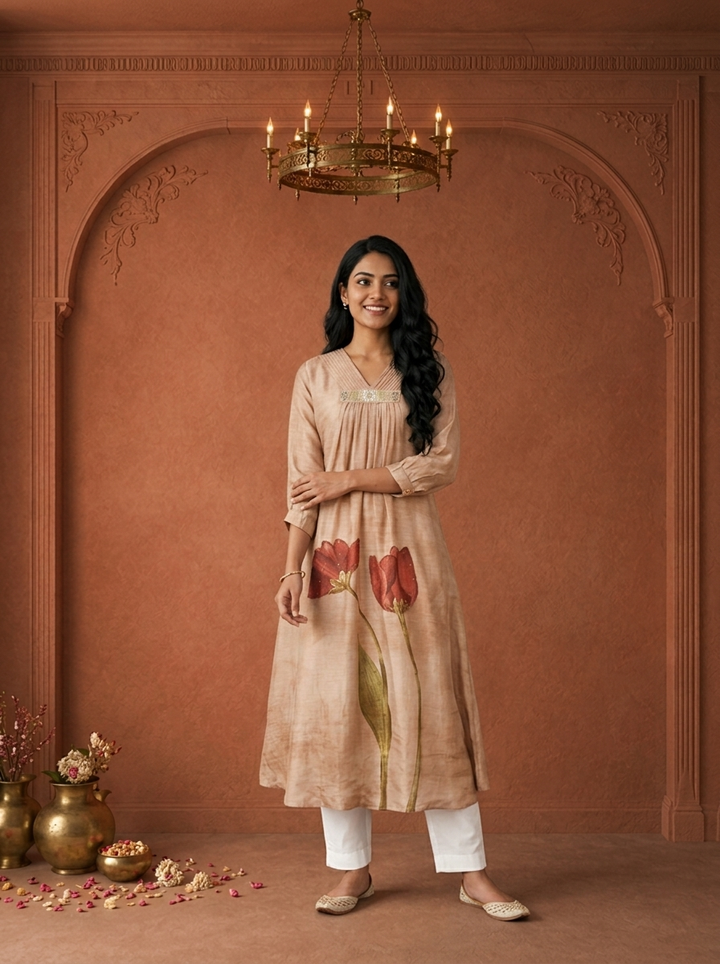Beige Chanderi Tulip Floral Printed Kurta