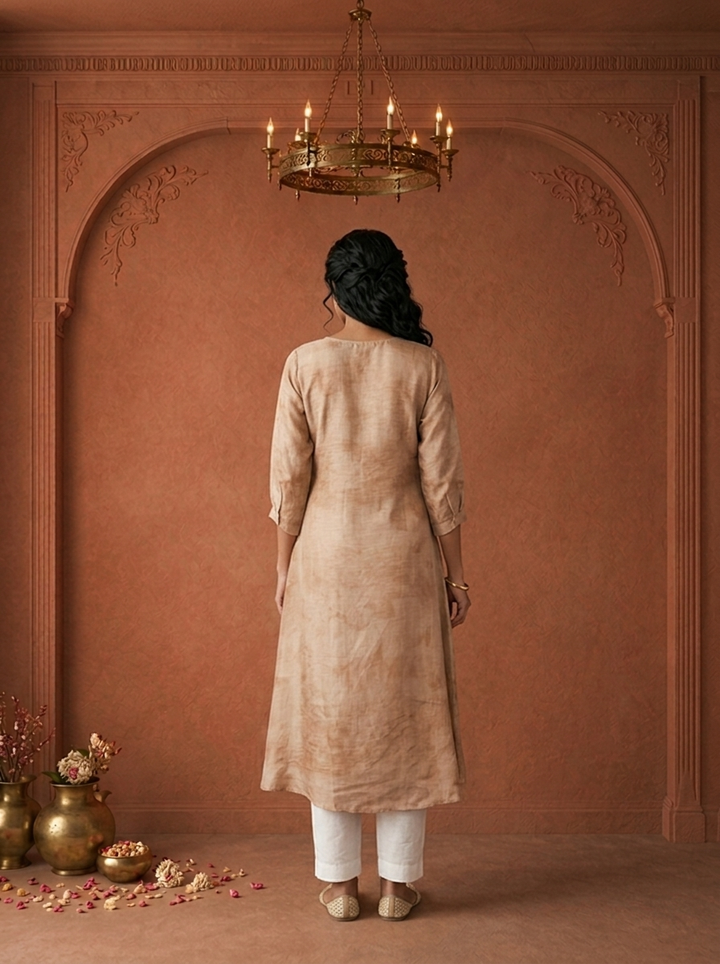 Beige Chanderi Tulip Floral Printed Kurta