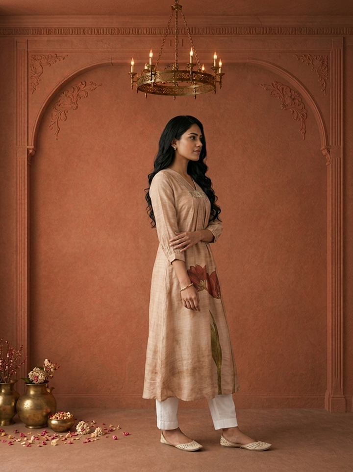 Beige Chanderi Tulip Floral Printed Kurta