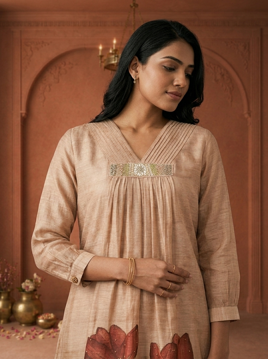 Beige Chanderi Tulip Floral Printed Kurta