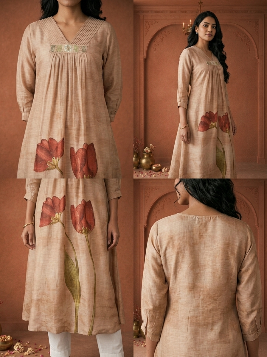 Beige Chanderi Tulip Floral Printed Kurta