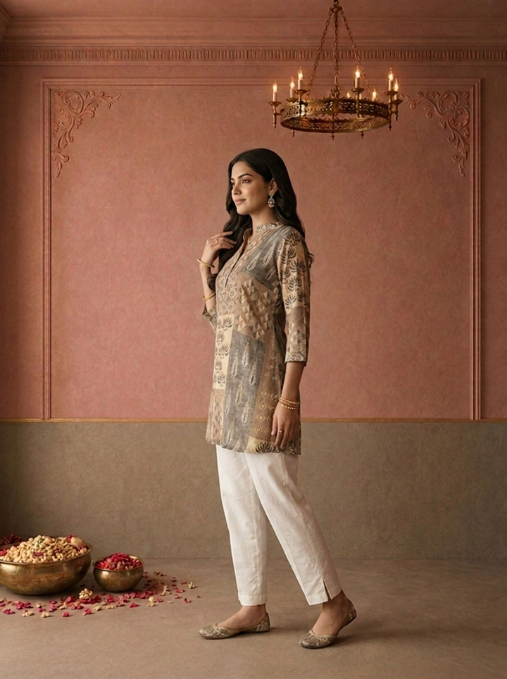 Olive Crepe Patchwork Box Printed Short Kurta