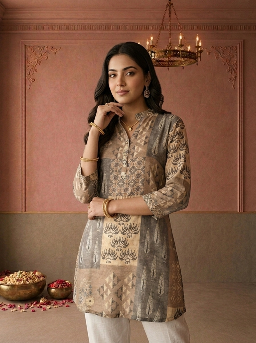 Olive Crepe Patchwork Box Printed Short Kurta