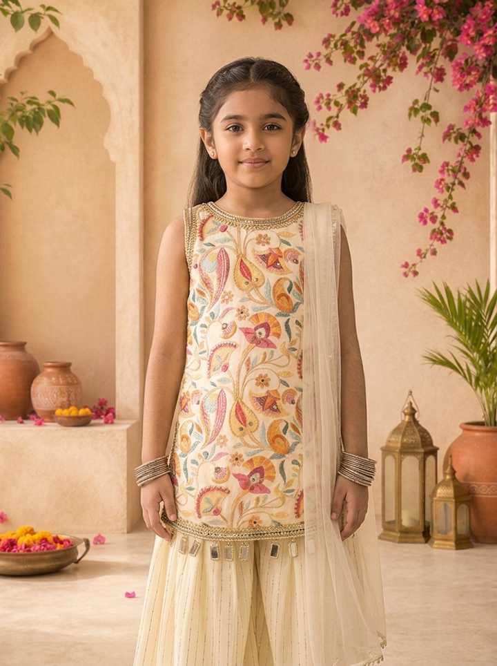 Cream Georgette Multicolor Kalamkari Printed And Embroidered Palazzo Set