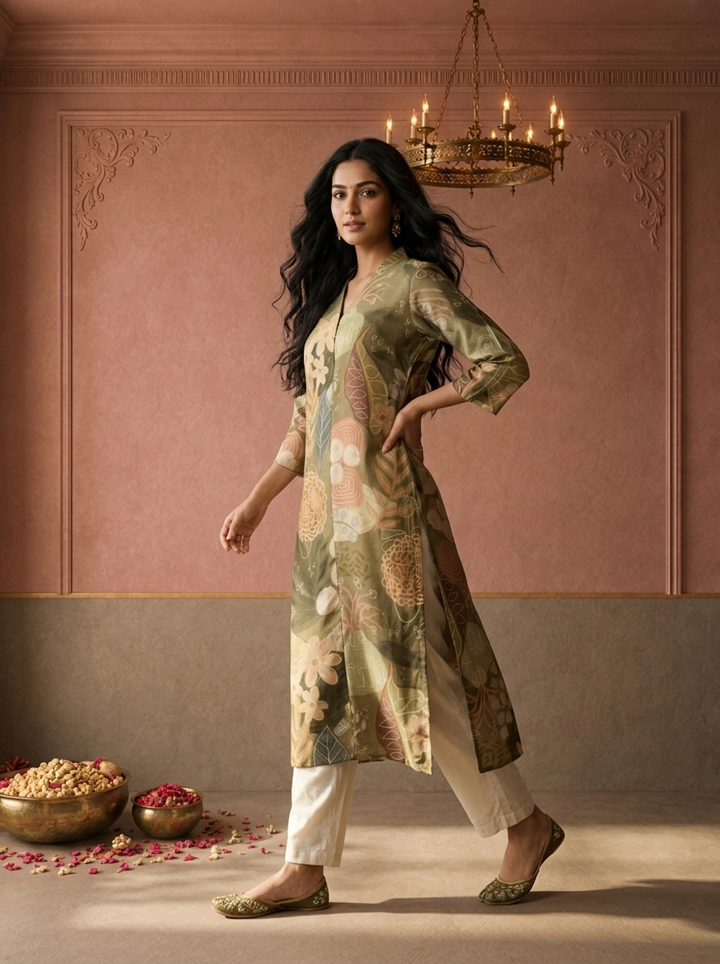 Olive Muslin Tropical Leaf And Floral Printed Kurta