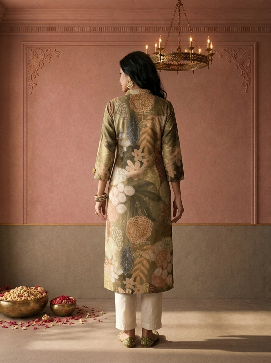 Olive Muslin Tropical Leaf And Floral Printed Kurta