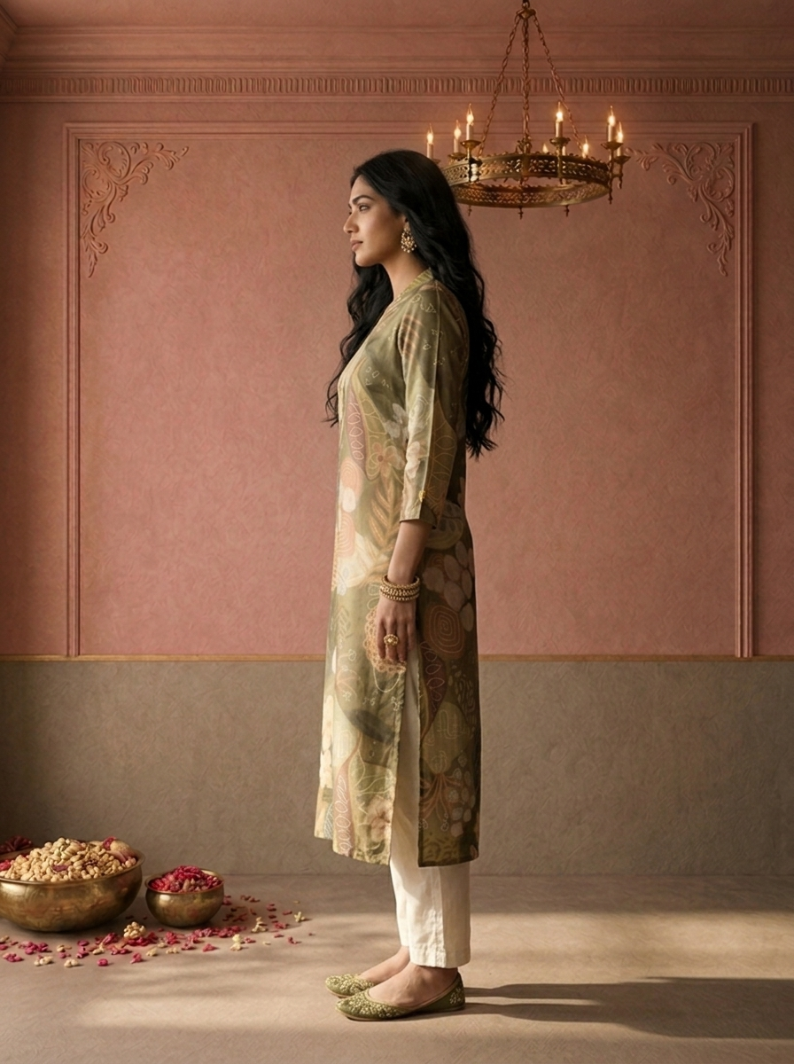 Olive Muslin Tropical Leaf And Floral Printed Kurta