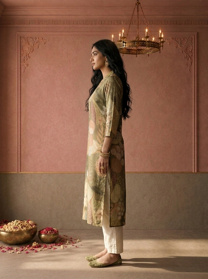 Olive Muslin Tropical Leaf And Floral Printed Kurta
