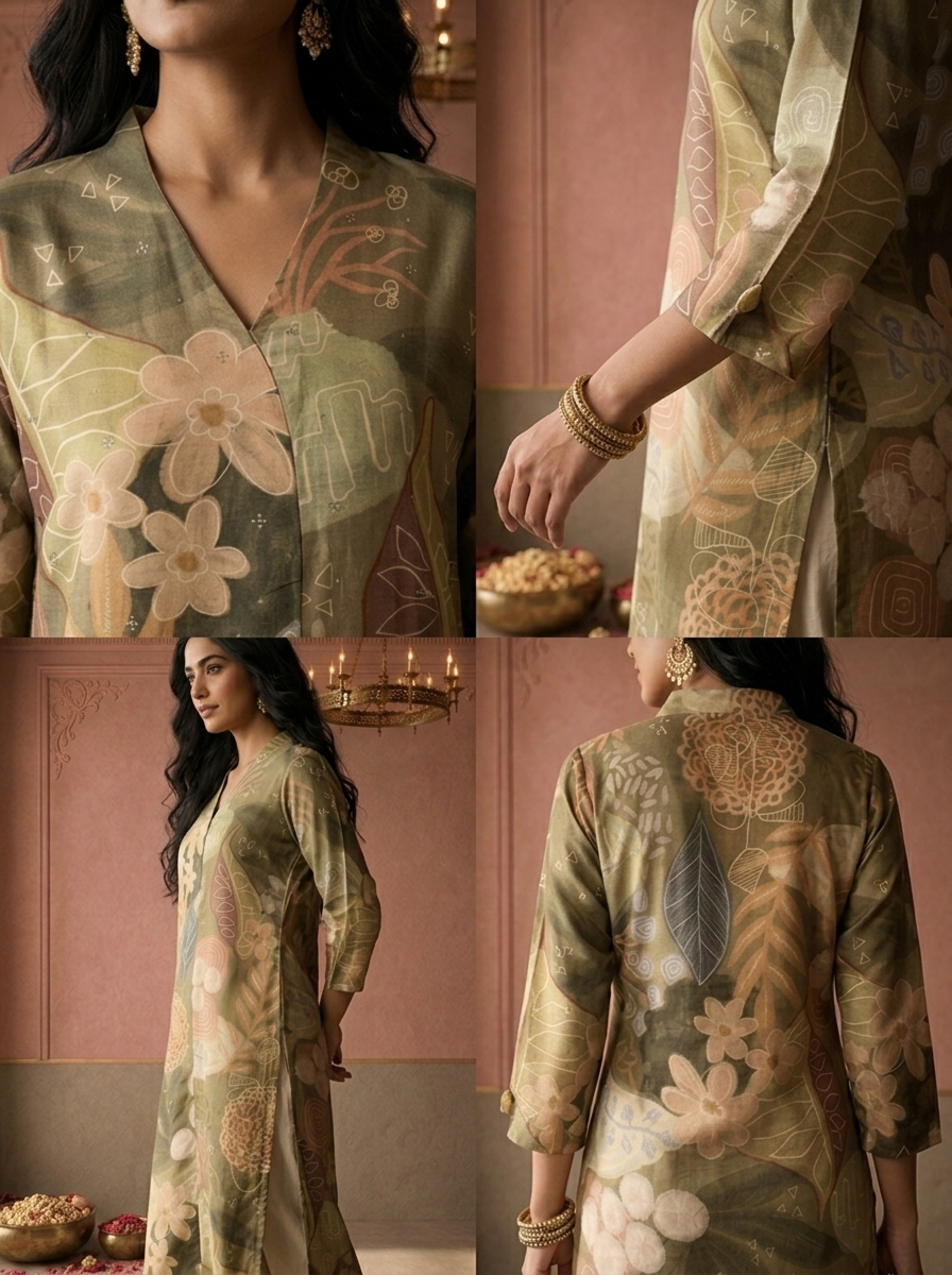 Olive Muslin Tropical Leaf And Floral Printed Kurta