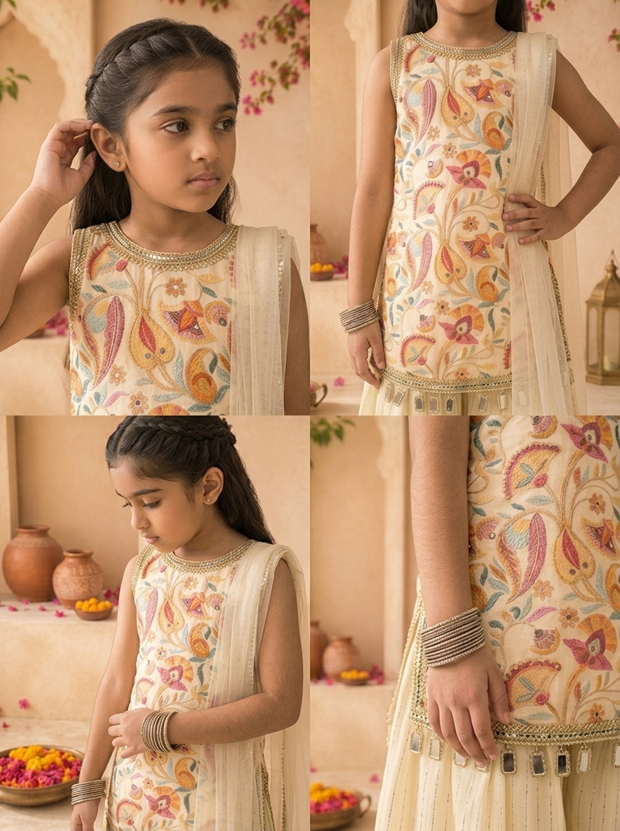 Cream Georgette Multicolor Kalamkari Printed And Embroidered Palazzo Set