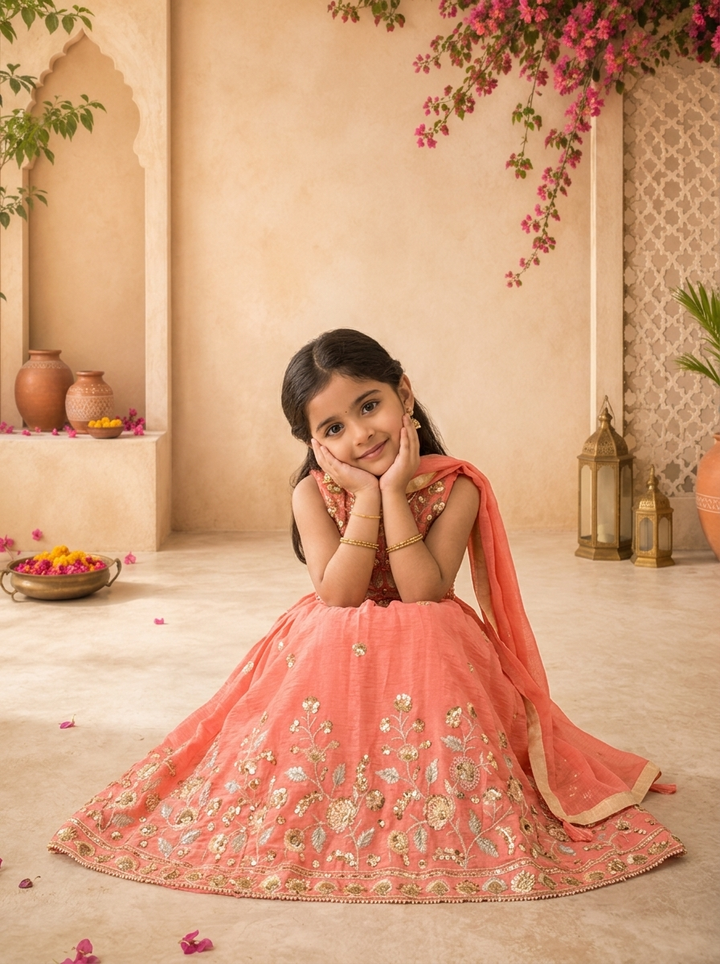 Coral Tissue Sequins Floral Embroidered Ghagra Set