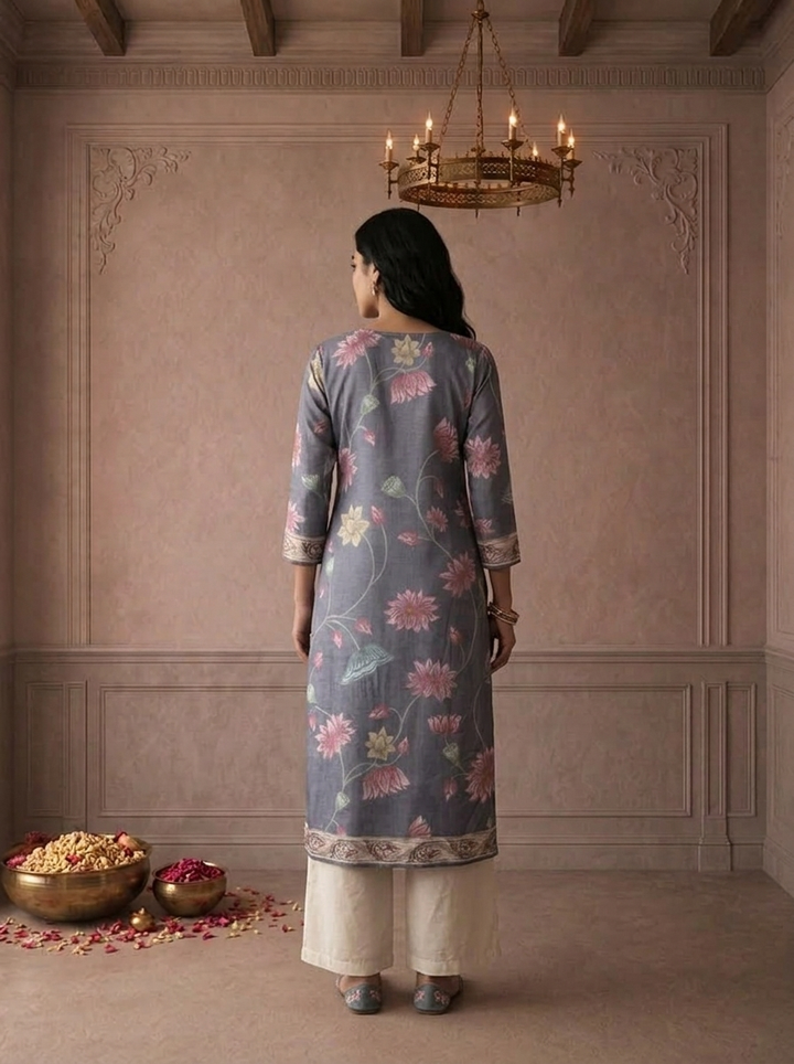 Grey Muslin Lotus Floral Printed Kurta